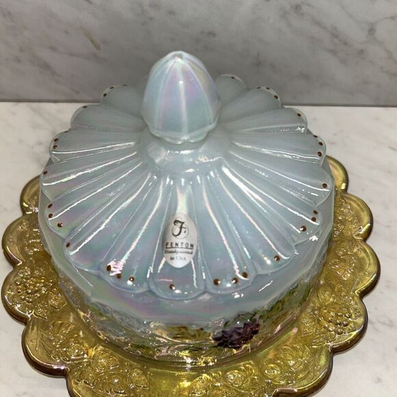 Fenton 2005 Autumn Gold Grapes Hand Painted Covered Butter Dish Signed - Picture 2 of 6